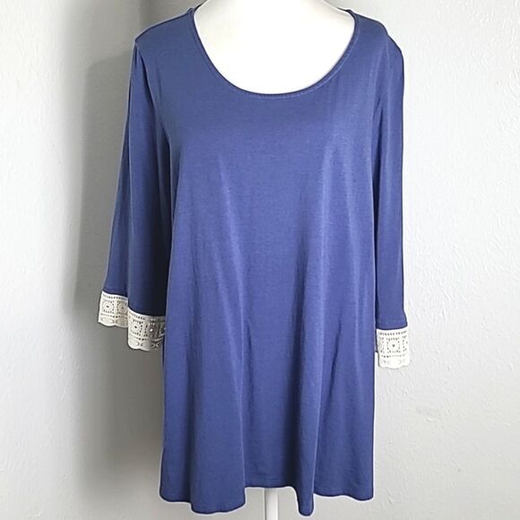 Woman Within Blue Tunic Top,  2" White Embroidered Band on 3/4 Sleeves, Size 1X - Picture 1 of 8